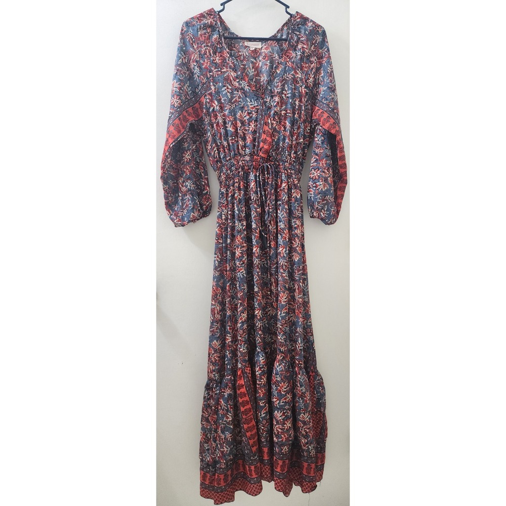 Boemo Blue Red Floral Print Tiered Boho Maxi‎ Dress V-Neck Balloon Sleeve Medium